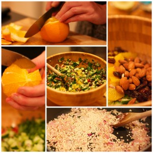 Segment an orange, chop a bunch and fry some Israeli couscous!